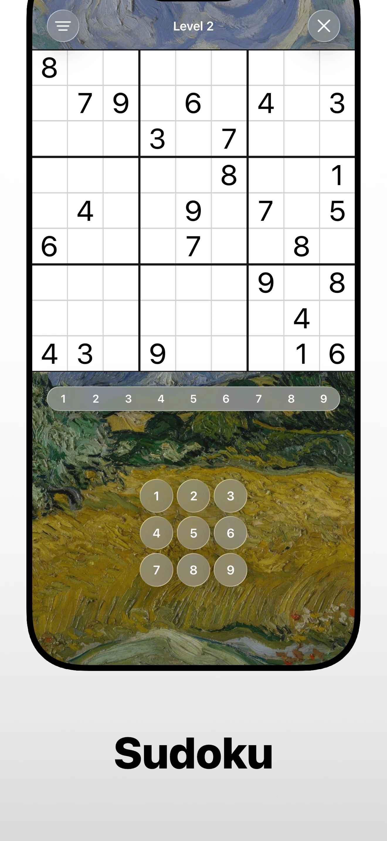 Sudoku puzzle revealing Wheat Field with Cypresses